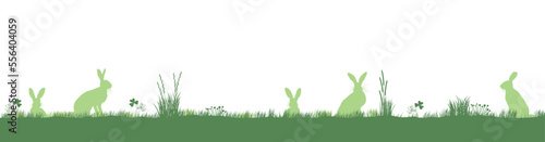 green wildflower meadow with easter rabbits hiding in the grass. Background Banner for newsletter header and marketing, sales. 