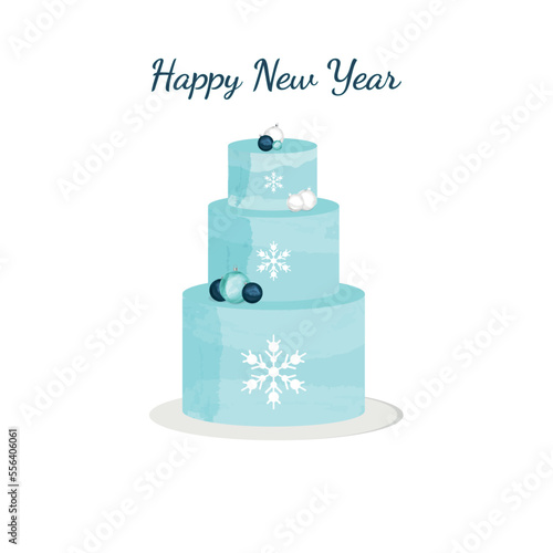 three tiered blue cake in flat style. winter cake card vector