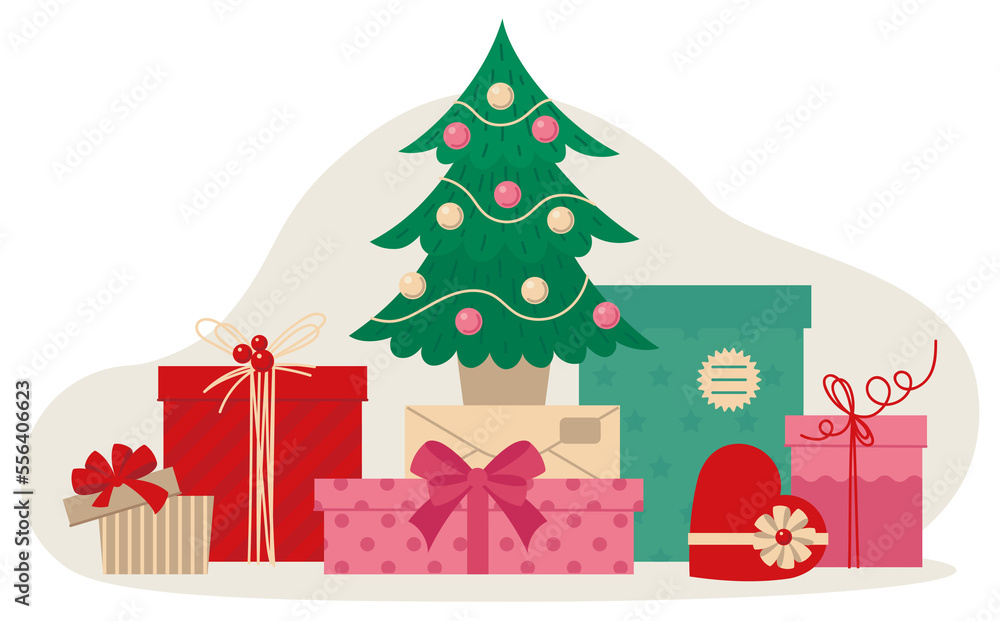Gift boxes with Christmas decor. Christmas tree. PNG image. Gift boxes with Christmas decor. Christmas tree. PNG image.