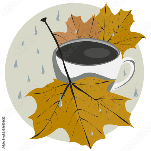 Illustration: tea, autumn leaves, rain. Poster.