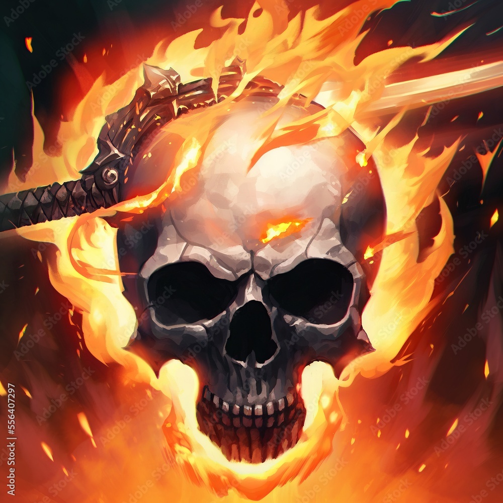 A Skull With A Sword On Fire With Flames Behind It And A Sword In The a-skull-with-a-sword-on-fire-with-flames-behind-it-and-a-sword-in-the