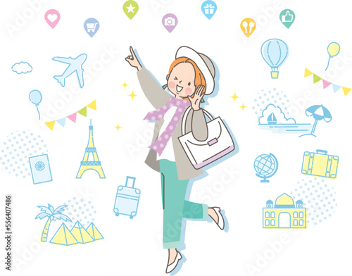 世界旅行をする若い女性のイメージイラスト素材