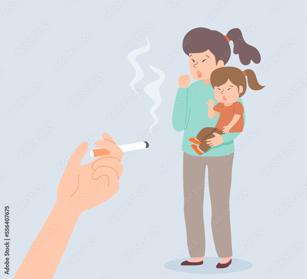 a mother and her child disturbed by cigarette smoke