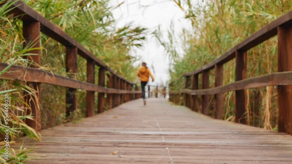 Happy little girl running and jumping on a wooden walkway Happy little girl running and jumping on a wooden walkway