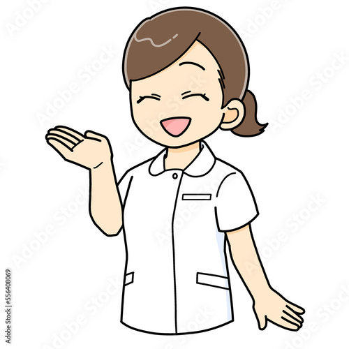 笑顔で紹介説明する女性の看護師のイラスト