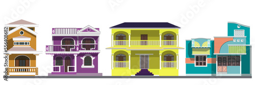 A set of four houses in India on a white background is a flat vector illustration. Colored houses with several floors in India on a white background. Flat illustration.