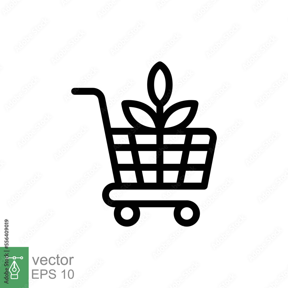 Bio, eco shop icon. Simple outline style. Plant seeds seedling trolley cart shopping, green leaf, nature concept. Thin line vector illustration isolated on white background. EPS 10. Bio, eco shop icon. Simple outline style. Plant seeds seedling trolley cart shopping, green leaf, nature concept. Thin line vector illustration isolated on white background. EPS 10.