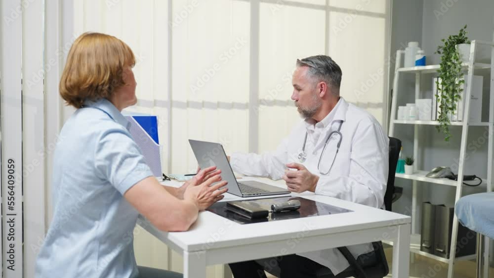 Caucasian senior woman visit and consult health problem with doctor. Caucasian senior woman visit and consult health problem with doctor.