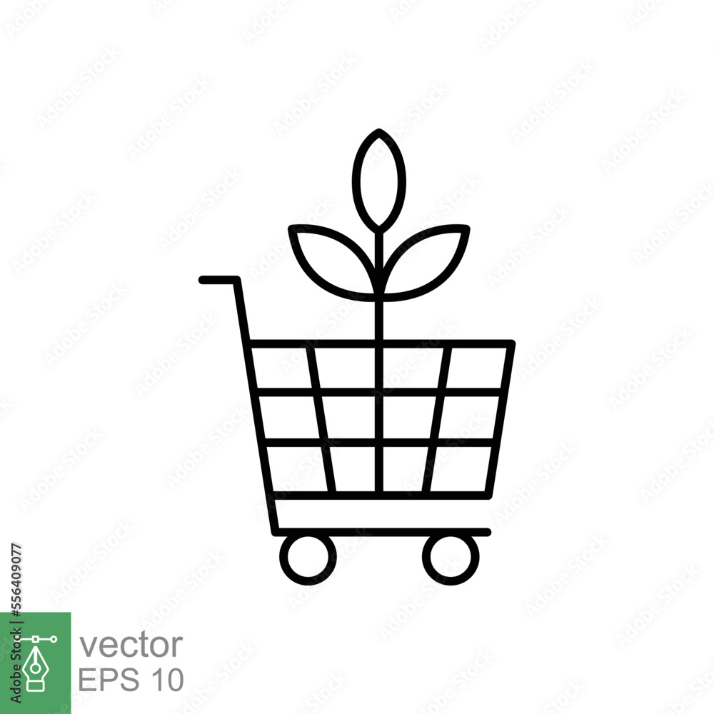 Bio, eco shop icon. Simple outline style. Plant seeds seedling trolley cart shopping, green leaf, nature concept. Thin line vector illustration isolated on white background. EPS 10. Bio, eco shop icon. Simple outline style. Plant seeds seedling trolley cart shopping, green leaf, nature concept. Thin line vector illustration isolated on white background. EPS 10.