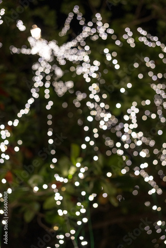 Blur background hanging light bulbs in outdoor big tree, white light source. Vertical photo. Bokeh light.