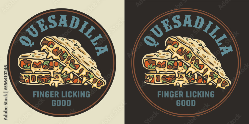 Obraz premium Quesadilla vector with cheese and vegetable for logo or emblem. Traditional mexican fast food. Quesadillas Mexico food with tortilla and meat for poster or print