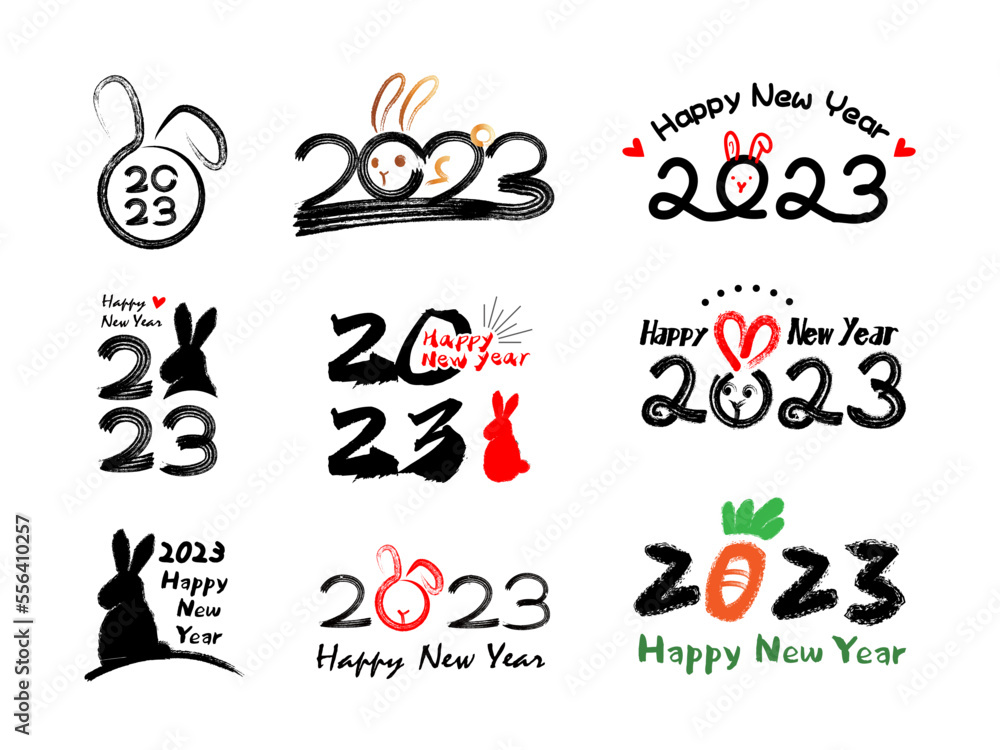 Set of 2023 Happy New Year logo typography design. 2023 number and rabbit design template. Collection of 2023 Happy New Year symbols. Vector illustration with labels isolated on white background. Set of 2023 Happy New Year logo typography design. 2023 number and rabbit design template. Collection of 2023 Happy New Year symbols. Vector illustration with labels isolated on white background.
