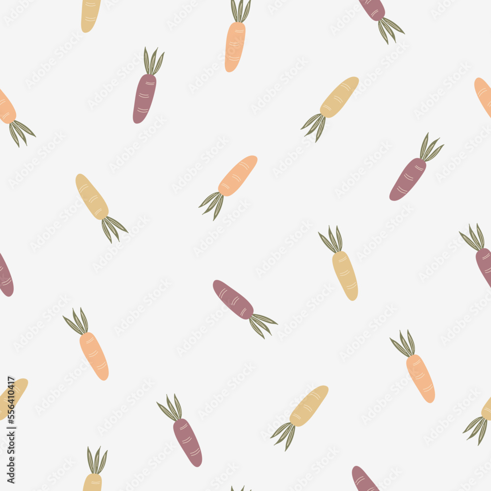 Hand drawn colorful carrots. Natural vegetable seamless pattern. Flat carrots in a chaotic repetitive motion. Simple design for kitchen, cooking, fabric, interior. Hand drawn colorful carrots. Natural vegetable seamless pattern. Flat carrots in a chaotic repetitive motion. Simple design for kitchen, cooking, fabric, interior.