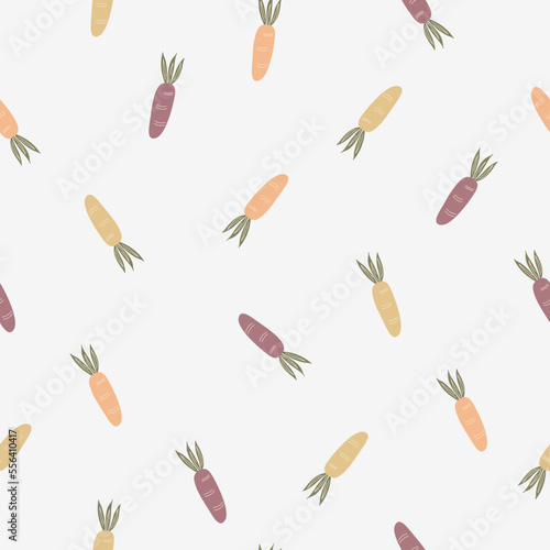 Hand drawn colorful carrots. Natural vegetable seamless pattern. Flat carrots in a chaotic repetitive motion. Simple design for kitchen, cooking, fabric, interior.