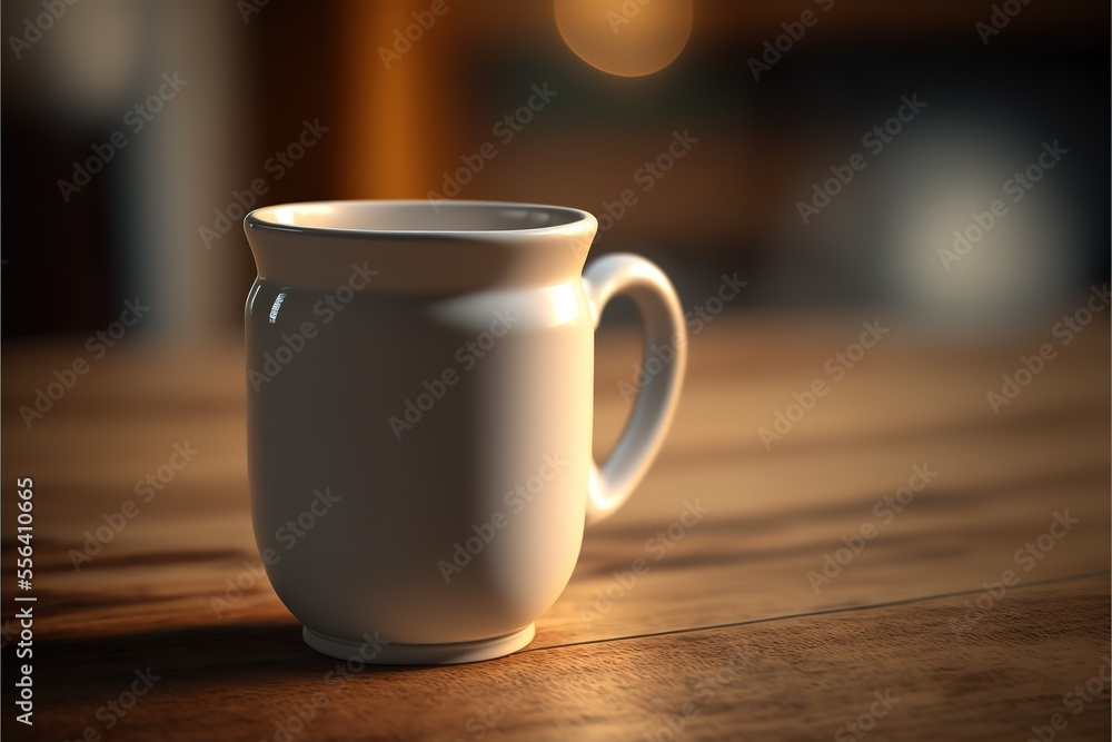 White Coffee Mug On Wooden Table With Lights Bokeh Background Amazing Generative AI White Coffee Mug On Wooden Table With Lights Bokeh Background Amazing Generative AI