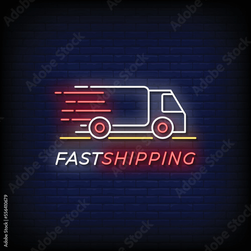 neon sign fast shipping with brick wall background vector illustration