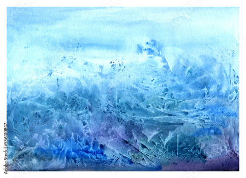 Abstract decorative hand painted watercolour blue color background. Marble texture. Horizontal illustration.