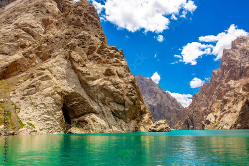 Mountain blue lake among the rocks. Beautiful landscape. Wonderful nature. Long banner, panoramic view