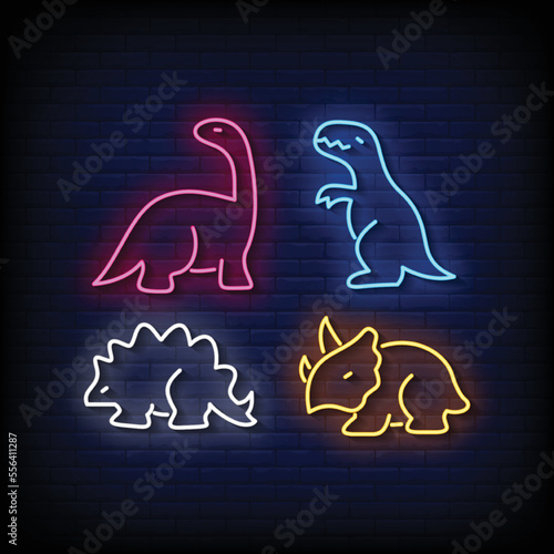 neon sign dinosaurs with brick wall background vector illustration
