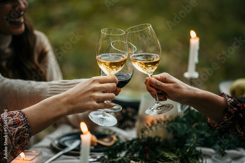 Sticker Smiling young woman toasting white wine with friends during an outdoor party