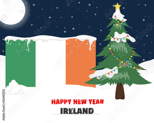 Happy new year in Ireland with Christmas tree and snow, banner or content design idea