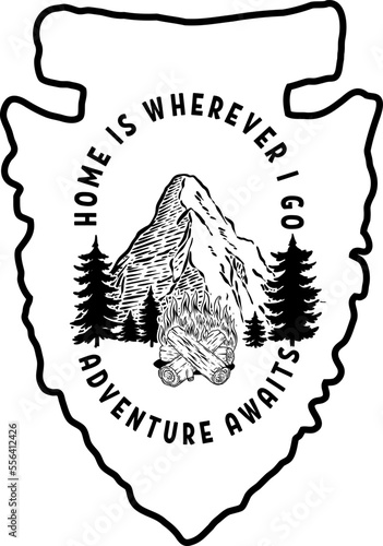 Camping emblem in arrowhead shape. Design element for poster, card, banner, emblem, sign. Vector illustration