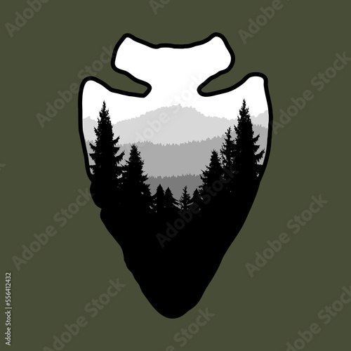Arrowhead with mountain landscape. Design element for poster, card, banner, emblem, sign. Vector illustration
