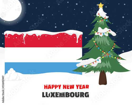 Happy new year in Luxembourg with Christmas tree and snow, banner or content design idea