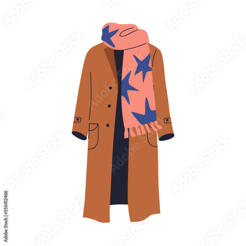 Warm straight long coat and scarf. Fashion casual outerwear clothes for autum...