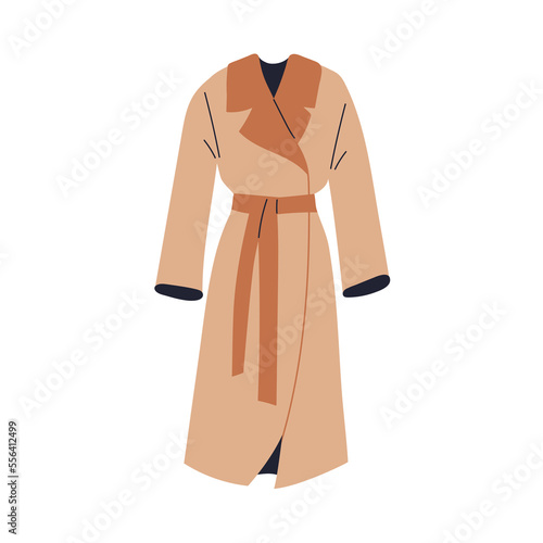 Warm long coat with belt on waist. Fashion casual outerwear, modern clothes f...