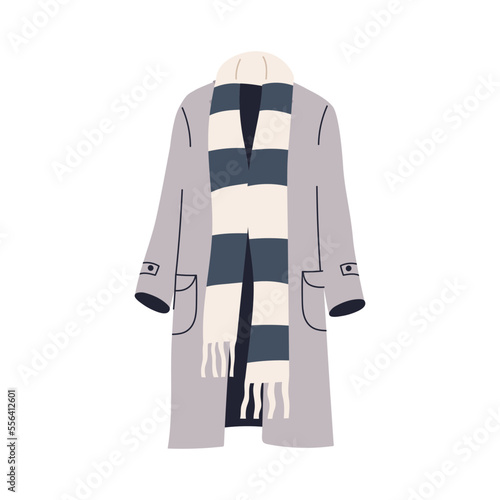 Warm coat and long scarf. Fashion outerwear, casual autumn clothes, women app...