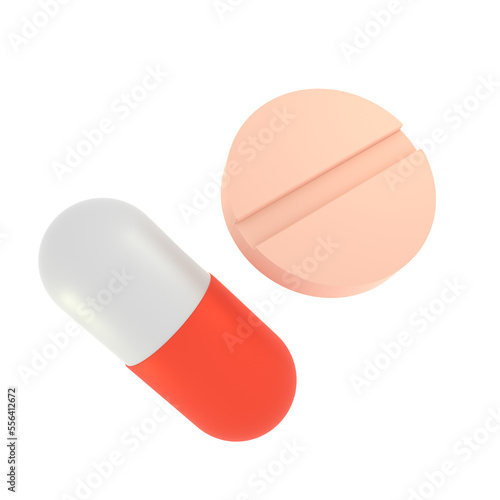 3D illustration of two medical pills isolated. Antibiotic in capsule, illness treatment concept. Medicine and science, health care. Pharmacy industry. White and red drug.