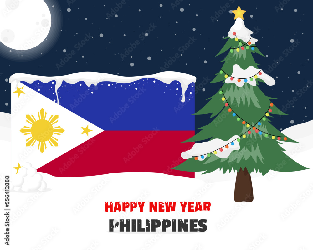 Naklejka premium Happy new year in Philippines with Christmas tree and snow, banner or content design idea