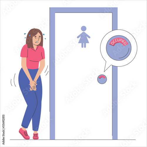 Woman wants to pee and standing at the closed toilet door vector isolated. Occupied WC, female character needs to urinate. Funny character with full bladder.