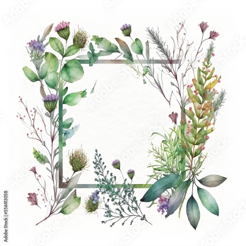 Watercolor frame with flowers and herbs created with AI