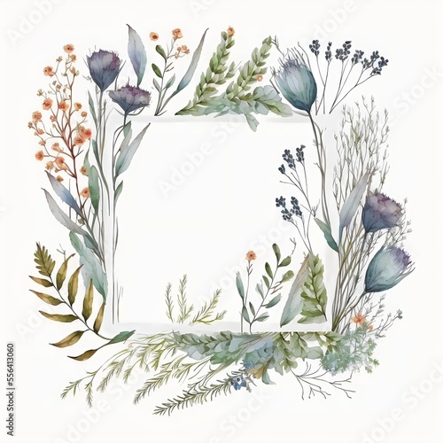 Watercolor frame with flowers and herbs created with AI