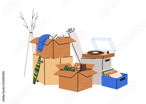 Cardboard boxes, personal stuff pile for moving. Open packs, packages, items heap for relocation. Belongings, apparel, phonograph, many things. Flat vector illustration isolated on white background