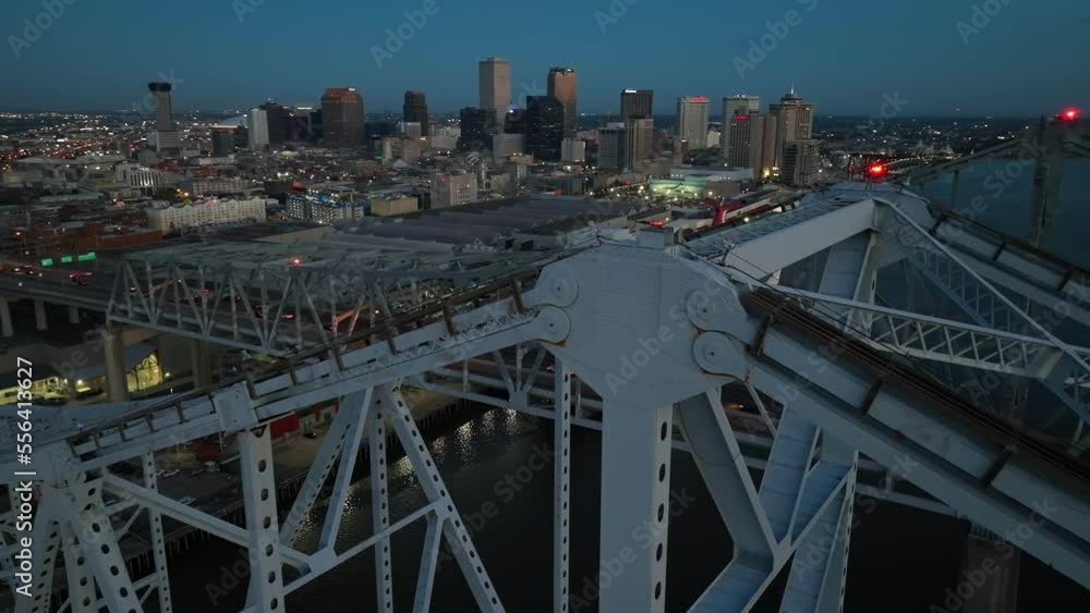 New Orleans Louisiana skyline at night. Aerial at Huey P Long bridge. New Orleans Louisiana skyline at night. Aerial at Huey P Long bridge.