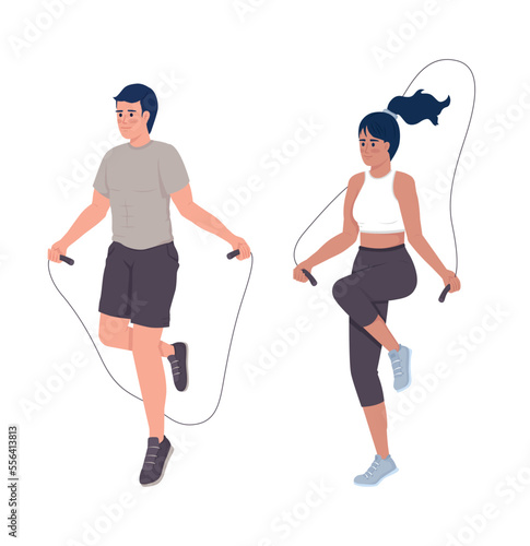 Doing jumping rope workout semi flat color vector character. Editable figure. Full body people on white. Cardio exercise simple cartoon style illustration for web graphic design and animation