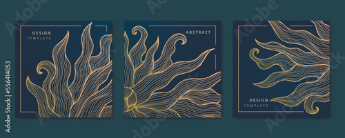 Vector set of wavy luxury line cards, sun rays golden dynamic square backgrounds, posts, design template. Art deco abstract patterns, texture for print, fabric, packaging design. Japanese style.