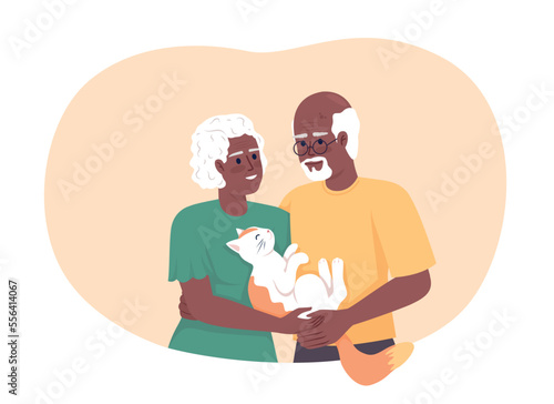 Senior couple with cat 2D vector isolated illustration. Long time together. Happy retirement life flat characters on cartoon background. Colorful editable scene for mobile, website, presentation