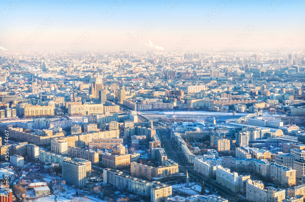 View of the city from the observation deck Panorama 360 and the high-rise of the Ministry of Foreign Affairs, Federation Tower Moscow City, Moscow View of the city from the observation deck Panorama 360 and the high-rise of the Ministry of Foreign Affairs, Federation Tower Moscow City, Moscow