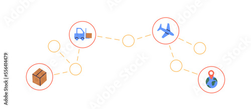 Supply chain and delivery concept. Warehousing, cargo transportation logistics. International freight service, goods shipment process scheme. Flat vector illustration isolated on white background