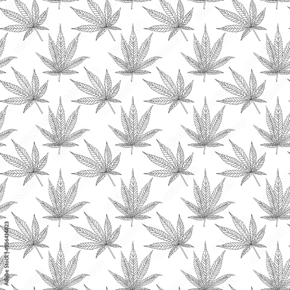 Hemp plant pattern. Cannabis branch with leaves. Marijuana twig vector seamless pattern on white background
