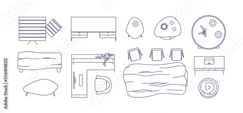 Dining and coffee tables, office desks, chairs, seats set, top above view. Overhead furniture of different shapes, sizes. Outlined contoured flat vector illustration isolated on white background