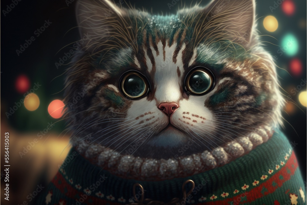 Cute cat in Christmas sweater or ugly Christmas sweater, winter holiday background
