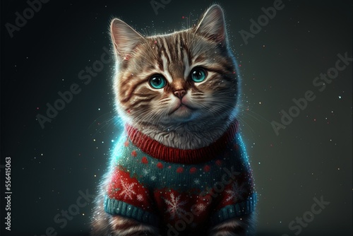 Cute cat in Christmas sweater or ugly Christmas sweater, winter holiday background © Hixel