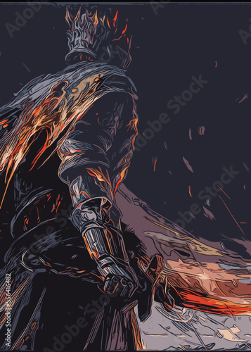 Samurai Warrior Illustration Creative Poster Image, Warrior Fight Illustration Creative Poster Image, Warrior holding a luminous sword, Knight with shield and sword. Warrior