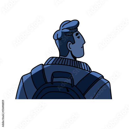 Sad unhappy depressed person, night portrait. Young man in despair, sadness, melancholy with upset face, feeling hopelessness, back view. Flat graphic vector illustration isolated on white background