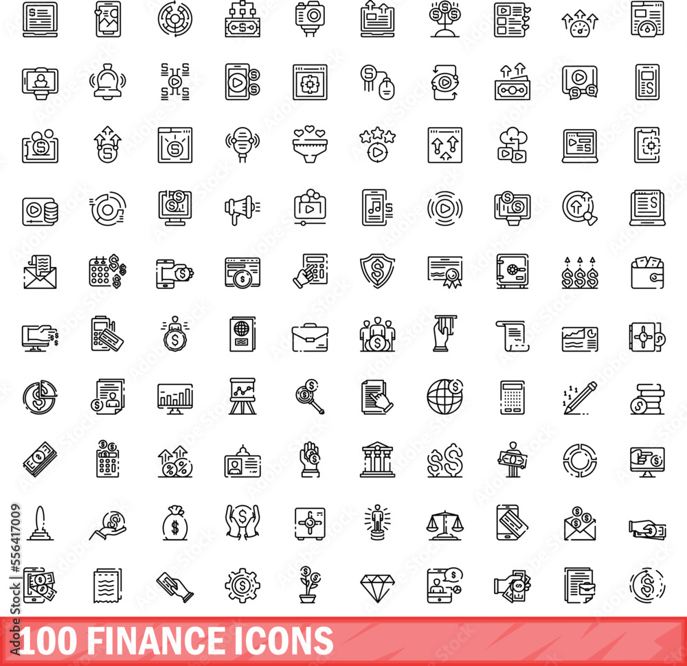 100 finance icons set. Outline illustration of 100 finance icons vector set isolated on white background 100 finance icons set. Outline illustration of 100 finance icons vector set isolated on white background
